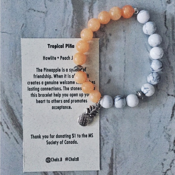 Howlite & Peach Jade Natural Stone Pineapple Beaded Bracelet - Picture 3 of 5
